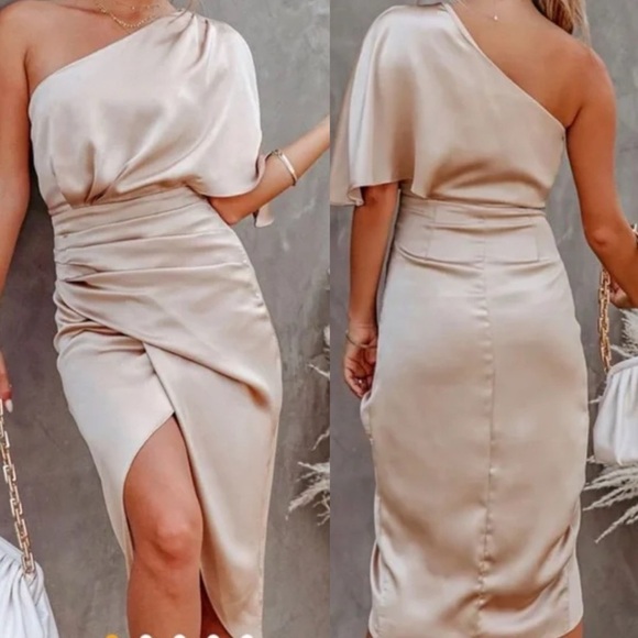NEW DO+BE One Shoulder Satin Champagne Dress Cocktail Evening Party Night Out XS - Picture 2 of 11